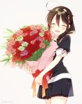  1girl 2016 ahoge black_hair blush bouquet braid closed_eyes cowboy_shot dated flower grey_background hair_between_eyes hair_flaps hair_ornament hair_over_shoulder hairpin happy holding holding_bouquet holding_flower jewelry kantai_collection long_hair naoto_(tulip) open_mouth pleated_skirt remodel_(kantai_collection) ribbon ring rose school_uniform serafuku shigure_(kantai_collection) short_sleeves simple_background single_braid skirt smile solo wedding_band 