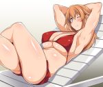  1girl armpits arms_up bikini blue_eyes blush breasts charlotte_e_yeager cleavage huge_breasts kuronyan long_hair looking_at_viewer lying on_back one_eye_closed orange_hair red_bikini shiny shiny_skin smile solo strike_witches summer swimsuit 