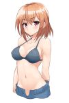  1girl arm_behind_back bare_shoulders bikini_top blush breasts erect_nipples eyebrows eyebrows_visible_through_hair looking_at_viewer midriff navel open_fly orange_hair original pink_eyes short_hair shunichi solo standing swimsuit unbuttoned upper_body white_background 