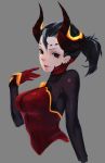  1girl alternate_costume black_hair bodysuit breasts dark_persona demon_horns devil_mercy earrings ears facial_mark forehead_mark gloves grey_background highres horns jewelry lips looking_at_viewer looking_to_the_side mechanical_wings medium_breasts mercy_(overwatch) muta_(csw) no_wings overwatch parted_lips ponytail red_eyes simple_background slit_pupils solo upper_body wings 