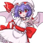  1girl :o bat_wings fang hand_on_hip hanya_(hanya_yashiki) hat looking_at_viewer open_mouth purple_hair red_eyes remilia_scarlet short_hair simple_background sketch skirt slit_pupils solo touhou white_background wings wrist_cuffs 