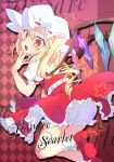  1girl blonde_hair bloomers bow character_name fang flandre_scarlet hat hat_bow minoru mob_cap open_mouth red_eyes side_ponytail solo touhou underwear wings 