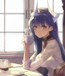  1girl coffee_cup cup curtains eyebrows eyebrows_visible_through_hair food hair_between_eyes hat highres hitoshi_(hitoishi_14n2i5) holding holding_cup horns indoors long_hair looking_at_viewer mini_hat original purple_hair red_eyes shirt sitting solo spoon table very_long_hair white_shirt window 
