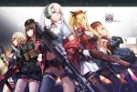  5girls aqua_eyes assault_rifle bangs belt belt_buckle beretta_model_38 beretta_model_38_(girls_frontline) black_gloves black_hat black_legwear black_shorts black_skirt blonde_hair blue_eyes blurry bm59_(girls_frontline) breasts brown_hair buckle bullet bullpup capelet cartridge choker cleavage closed_mouth collared_shirt crop_top depth_of_field double-breasted dress_shirt dual_wielding f2000_(girls_frontline) fingerless_gloves garter_straps girls_frontline gloves gun hair_between_eyes hair_ornament hairclip hand_on_hip handgun hat headphones headset highres holding holding_gun holding_weapon jacket large_breasts long_hair lwmmg_(girls_frontline) m1911 m1911_(girls_frontline) machine_gun medium_breasts microphone midriff miniskirt motion_blur multiple_girls necktie off_shoulder pantyhose pistol pleated_skirt pocket profile red_hat red_jacket red_necktie rff_(3_percent) rifle shade shirt short_hair short_shorts short_sleeves shorts side-by-side single_thighhigh skirt smile snap-fit_buckle snowing star striped striped_necktie submachine_gun thigh-highs thigh_strap trigger_discipline twintails weapon white_gloves white_hair white_legwear white_shirt white_skirt zettai_ryouiki 