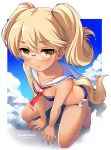  1girl arm_support barefoot bikini blonde_hair blue_bikini blush breasts closed_mouth clouds copyright_name dark_skin detached_collar dog_tail english eyebrows eyebrows_visible_through_hair folded_twintails from_above full_body glasses hair_between_eyes kneeling neckerchief outside_border retoree rimless_glasses sailor_collar show_by_rock!! silhouette sky small_breasts solo swimsuit tail tsukada_nari twintails wet yellow_eyes 