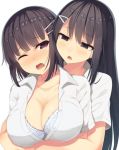  2girls black_hair blue_eyes blush bra breasts buttons cleavage collarbone hair_ornament hairclip heart heart-shaped_pupils hug hug_from_behind large_breasts long_hair multiple_girls open_mouth original samegami shirt short_hair simple_background symbol-shaped_pupils unbuttoned underwear violet_eyes white_background white_bra white_shirt 