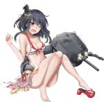  1girl bare_shoulders barefoot bikini black_hair breasts broken collarbone geta hair_ornament headgear kantai_collection knees_together_feet_apart lowres machinery medium_breasts official_art one_eye_closed open_mouth red_eyes red_shoes rikka_(rikka331) shoes short_hair single_shoe sitting solo swimsuit torn_clothes transparent_background turret yamashiro_(kantai_collection) 