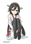  1girl arms_between_legs bangs black_eyes black_hair black_legwear blush closed_mouth collarbone detached_sleeves ebifurya eyebrows full_body hair_between_eyes haruna_(kantai_collection) highres kantai_collection knees_up legs_together long_hair looking_at_viewer no_shoes nontraditional_miko red_skirt simple_background sitting skirt smile solo thigh-highs twitter_username white_background 