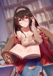  1girl artist_request bespectacled black_hair blue_eyes book breasts chestnut_mouth glasses hairband highres idolmaster idolmaster_cinderella_girls jewelry limbo_(artist) long_hair long_sleeves looking_at_viewer necklace sagisawa_fumika shawl solo sweater 
