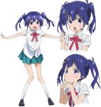  1girl artist_request blue_hair character_sheet expressions hair_ornament hairclip kusanagi_yuma lowres multiple_views official_art purple_hair school_uniform simple_background solo soushin_shoujo_matoi twintails violet_eyes white_background 