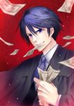  1boy akutoku_no_judgement_(vocaloid) blue_eyes blue_hair blurry clenched_hand commentary_request depth_of_field evil_grin evil_smile evillious_nendaiki gallerian_marlon grin jacket judge kaito male_focus money motion_blur mouth_hold short_hair simple_background smile solo tamara vocaloid 