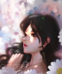  1girl 2016 bare_shoulders black_hair brown_eyes flower fringe liang_xing lips long_hair looking_to_the_side nose portrait shadow sunlight 
