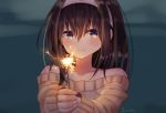  1girl artist_name black_hair blue_background blue_eyes blurry blush closed_mouth collarbone fingernails fireworks foreshortening hairband hands_together highres idolmaster idolmaster_cinderella_girls idolmaster_cinderella_girls_starlight_stage jewriel long_hair looking_at_viewer off-shoulder_sweater sagisawa_fumika smile solo sparkler sweater yellow_sweater 