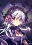  1girl bow breasts fairy_fencer_f frills hairband lolita_hairband long_hair looking_at_viewer open_mouth red_eyes ribbon rosuuri tiara_(fairy_fencer_f) white_hair 