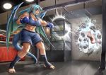  1girl armpits barefoot blue_eyes blue_hair blush boxing_gloves demon_girl demon_wings destruction dragon_girl dragon_wings gym horn long_hair maxa&#039; muscle navel original punching punching_bag shorts solo sweat tank_top toeless_socks toes trophy_stand wall wings 