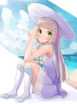  1girl beach blonde_hair braid dress green_eyes hat highres lillie_(pokemon) long_hair looking_at_viewer ocean osanji pokemon pokemon_(game) pokemon_sm sitting sky sleeveless solo sun_hat twin_braids white_dress 