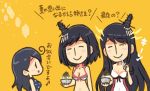  3girls ahoge bangs bikini_top black_hair brain_freeze breasts chibi cleavage closed_eyes comic commentary_request fusou_(kantai_collection) hair_ornament kantai_collection large_breasts long_hair multiple_girls musical_note navel one-piece_swimsuit orange_background otoufu polka_dot polka_dot_swimsuit shaved_ice short_hair smile spoon swimsuit translation_request ushio_(kantai_collection) yamashiro_(kantai_collection) 