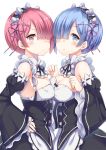  2girls :o asymmetrical_docking bare_shoulders blue_eyes blue_hair blush breast_press breasts cleavage detached_sleeves dress frills hair_ornament hair_over_one_eye hair_ribbon hairband hand_on_hip looking_at_viewer maid maid_headdress multiple_girls pink_eyes pink_hair pink_ribbon purple_ribbon ram_(re:zero) re:zero_kara_hajimeru_isekai_seikatsu rem_(re:zero) ribbon short_hair siblings simple_background sisters twins white_background wide_sleeves x_hair_ornament yuzu-aki 