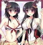  2girls :d adapted_costume alternate_costume bare_arms bare_shoulders bikini bikini_skirt black_hair blush breasts cleavage fusou_(kantai_collection) hair_ornament kantai_collection large_breasts long_hair looking_at_viewer multiple_girls navel open_mouth red_eyes sakura_umi short_hair smile swimsuit twitter_username white_bikini yamashiro_(kantai_collection) 