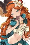  1girl blue_eyes blush cape commentary_request flower granblue_fantasy hair_flower hair_ornament hairband highres long_hair looking_at_viewer navel open_mouth orange_hair popsicle sara_(granblue_fantasy) solo strapless tubetop very_long_hair yam2344 