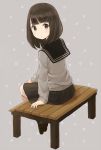  1girl arm_at_side bangs bench black_legwear blunt_bangs brown_eyes brown_hair cardigan loafers long_sleeves looking_at_viewer nasuna original pleated_skirt school_uniform shoes short_hair sitting skirt solo 