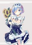  1girl bekotarou blue_eyes blue_hair blush breasts cleavage detached_sleeves flower hair_over_one_eye hair_ribbon highres looking_at_viewer maid maid_headdress pink_ribbon re:zero_kara_hajimeru_isekai_seikatsu rem_(re:zero) ribbon short_hair sketch sunflower x_hair_ornament 