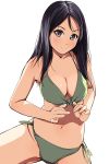  1girl bare_arms bare_shoulders bikini bikini_pull black_hair blue_eyes breasts cleavage closed_mouth collarbone contrapposto cowboy_shot front-tie_bikini front-tie_top green_bikini green_ribbon highres large_breasts looking_at_viewer matsunaga_kouyou multicolored_hair navel original pulled_by_self ribbon side-tie_bikini smile solo spread_legs stomach swimsuit white_hair 