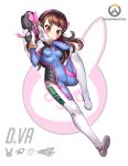  1girl alpaca_sama bangs bodysuit boots bracer breasts brown_eyes brown_hair bunny_print character_name charm_(object) copyright_name covered_navel d.va_(overwatch) emblem facepaint facial_mark gloves gun handgun hands_up headphones highres holding holding_gun holding_weapon logo long_hair long_sleeves medium_breasts overwatch pauldrons pilot_suit ribbed_bodysuit shoulder_pads skin_tight smile solo thigh-highs thigh_boots thigh_strap turtleneck weapon whisker_markings white_boots white_gloves 