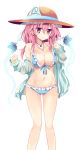  1girl bare_legs bare_shoulders bikini blue_bikini breasts butterfly cleavage collarbone eyebrows eyebrows_visible_through_hair frilled_bikini frills front-tie_bikini front-tie_top hair_between_eyes hat highres jewelry large_breasts looking_at_viewer magatama maturiuta_sorato navel off_shoulder pendant pink_eyes pink_hair saigyouji_yuyuko simple_background smile solo standing sun_hat swimsuit touhou triangular_headpiece wet wet_clothes white_background x_hair_ornament 