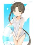  1girl alternate_costume ayanami_(kantai_collection) azuhira bangs blush brown_hair brown_ribbon collarbone cowboy_shot eyebrows eyebrows_visible_through_hair hair_intakes hair_ribbon holding kantai_collection lifebuoy long_hair long_ponytail looking_at_viewer multicolored_background open_mouth ribbon school_swimsuit shirt short_sleeves signature skirt skirt_tug solo sweatdrop swimsuit two-tone_background very_long_hair wet wet_clothes wet_shirt yellow_eyes 