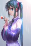  1girl blue_eyes detached_sleeves flower from_side green_hair hatsune_miku highres long_hair looking_at_viewer looking_to_the_side necktie rain rose solo tattoo twintails upper_body very_long_hair vocaloid wet yuket 