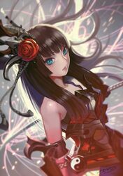  1girl armor bangs black_hair blue_eyes blunt_bangs blurry collarbone depth_of_field flower gaou_(@studiog0226) hair_flower hair_ornament highres hime_cut holding holding_sword holding_weapon katana long_hair looking_at_viewer original red_flower solo sword weapon 