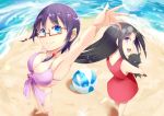  2girls bare_shoulders bikini black_hair blue_eyes blush bra breasts cleavage corpse_party dress glasses hair_ornament large_breasts long_hair looking_at_viewer looking_back multiple_girls open_mouth purple_hair saenoki_naho shinozaki_sachiko shiny shiny_hair shirowa short_hair smile stuffed_animal stuffed_toy swimsuit underwear violet_eyes 