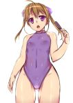  ahoge blonde_hair covered_navel gluteal_fold hair_ribbon highres long_hair one-piece_swimsuit original popsicle ribbon standing swimsuit tiha twintails violet_eyes 