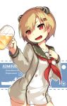  :d alcohol arm_up background_text bangs beer beer_mug blonde_hair blush bottomless breasts buttons dress eyebrows eyebrows_visible_through_hair eyes_visible_through_hair graf_spee_(zhan_jian_shao_nyu) hair_ornament hair_over_one_eye hairclip hand_on_own_chest headgear heart heart-shaped_pupils highres holding lino-lin long_sleeves military military_vehicle multicolored_background no_pants open_mouth outline red_eyes sailor_dress ship shirt short_hair simple_background small_breasts smile swept_bangs symbol-shaped_pupils tongue upper_body warship watercraft white_outline white_shirt zhan_jian_shao_nyu 