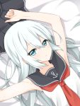  1girl adapted_costume anchor_symbol armpits arms_up bare_shoulders bed_sheet black_skirt blue_eyes breasts expressionless eyebrows eyebrows_visible_through_hair from_above hair_between_eyes hibiki_(kantai_collection) highres kantai_collection long_hair looking_at_viewer looking_up neckerchief pleated_skirt rateratte school_uniform serafuku shirt silver_hair skirt skirt_removed sleeveless sleeveless_shirt solo sweatdrop 