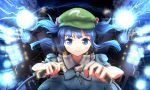  1girl arms_up bangs blue_dress blue_eyes blue_hair blunt_bangs breasts controller dress electricity eyebrows eyebrows_visible_through_hair firing flat_cap frilled_shirt_collar frills green_hat hair_bobbles hair_ornament hat joystick kawashiro_nitori key long_hair looking_at_viewer machinery minust plasma pocket short_sleeves short_twintails sidelocks solo touhou twintails upper_body 