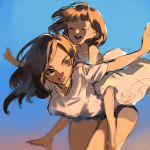 2girls ana_(overwatch) bangs blue_sky blunt_bangs braid brown_eyes brown_hair casual child closed_eyes dress facial_mark facial_tattoo happy lying mother_and_daughter multiple_girls on_back open_mouth otuming outstretched_arms overwatch pharah_(overwatch) piggyback shirt shorts side_braids sky sleeveless sleeveless_dress smile tattoo white_dress white_shirt younger 