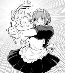  1girl apron blush emphasis_lines fukumaaya gloves maid maid_apron maid_headdress monochrome open_mouth puffy_short_sleeves puffy_sleeves short_hair short_sleeves simple_background solo sweatdrop white_background 