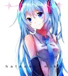  1girl blue_eyes blue_hair character_name hatsune_miku head_tilt highres ihachisu long_hair looking_at_viewer necktie solo twintails upper_body vocaloid white_background 