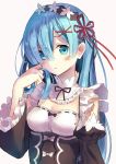  1girl adjusting_hair alternate_hair_length alternate_hairstyle blue_eyes blue_hair blush breasts detached_collar detached_sleeves hair_ornament hair_over_one_eye hand_holding highres long_hair looking_at_viewer maid medium_breasts okotoburi re:zero_kara_hajimeru_isekai_seikatsu rem_(re:zero) ribbon-trimmed_clothes ribbon_trim solo upper_body x_hair_ornament 