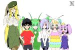  1boy 5girls aqua_eyes arachne beret black_hair blonde_hair breasts carapace claws detached_sleeves extra_eyes eyes_visible_through_hair green_eyes green_hair hat insect_girl kurusu_kimihito large_breasts lavender_hair long_hair long_legs_breed_(monster_musume) monster_girl monster_musume_no_iru_nichijou multiple_girls pink_hair praying_mantis rachnera_arachnera red_eyes s-now short_hair signature simple_background small_breed_(monster_musume) spider_girl star star-shaped_pupils symbol-shaped_pupils twintails very_long_hair violet_eyes white_background white_hair younger 