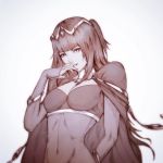  1girl bangs blunt_bangs bodystocking breasts cape cleavage covered_navel female finger_to_mouth fire_emblem fire_emblem:_kakusei gradient gradient_background greyscale hime_cut monochrome raikoart sketch smile solo tharja tiara two_side_up upper_body white_background 
