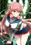  &gt;:) 1girl akashi_(kantai_collection) arm_support bandanna blue_skirt blush breasts cowboy_shot green_eyes hair_ribbon highres hip_vent kantai_collection leaning_forward long_hair long_sleeves looking_at_viewer makumaxu medium_breasts pink_hair pleated_skirt red_ribbon ribbon school_uniform serafuku skirt smile solo tress_ribbon v_arms wrench 