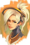  1girl blonde_hair blue_eyes bodysuit brown_background ears eyebrows eyelashes high_ponytail highres light_smile lips lipstick long_hair looking_at_viewer makeup mechanical_halo mercy_(overwatch) nose overwatch pink_lipstick portrait solo yy6242 