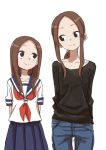  2girls absurdres age_comparison age_difference alternate_hairstyle alternate_height arms_behind_back black_shirt brown_eyes brown_hair collarbone commentary_request dress dual_persona forehead hair_ornament hair_scrunchie highres karakai_jouzu_no_takagi-san long_hair long_neck multiple_girls older pants ponytail sailor_dress school_uniform scrunchie shirt smile takagi-san time_paradox white_background yamamoto_souichirou 