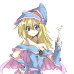  1girl bare_shoulders blonde_hair blue_eyes blush blush_stickers breasts choker cleavage dark_magician_girl duel_monster fingerless_gloves gloves hat kurenaitaro large_breasts long_hair pentacle simple_background smile solo wizard_hat yu-gi-oh! yuu-gi-ou_duel_monsters 