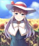  1girl alternate_costume blue_eyes clouds cloudy_sky color1087 commentary_request flower hat hibiki_(kantai_collection) kantai_collection long_hair looking_at_viewer silver_hair sky sunflower teeth 