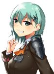  alternate_hair_length alternate_hairstyle aqua_eyes aqua_hair ascot breasts commentary_request horosuke_(toot08) kantai_collection long_sleeves looking_at_viewer looking_to_the_side medium_breasts school_uniform serafuku short_hair simple_background suzuya_(kantai_collection) teeth white_background 