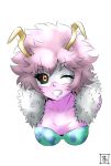  1girl ashido_mina black_sclera boku_no_hero_academia breasts grin horns medium_breasts one_eye_closed pink_hair pink_skin portrait s-now short_hair signature simple_background smile solo white_background yellow_eyes 